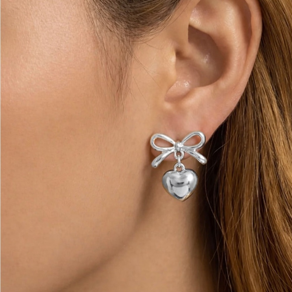 Silver Heart Bow Drop Earrings (7011)
